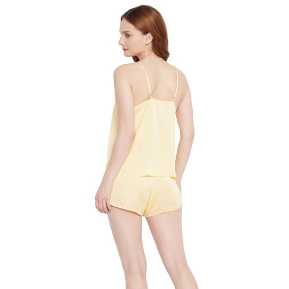 Solid Flax Yellow 2 Pcs Satin Shorts Sleepwear for Women - Picture 6 of 7